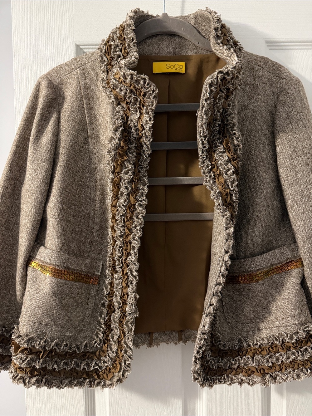St. John Beige Tweed Blazer with Ruffle Trim - Picture 7 of 10